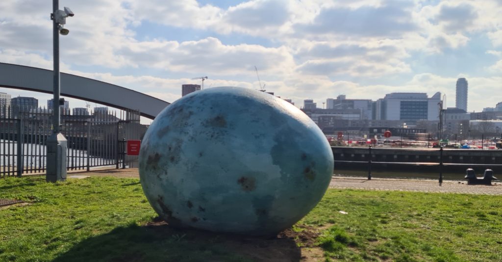 "The Hatchling" by Joanna Rajkowska, 2019, Cody Dock, London, oh and technically it's a blackbird (Turdus merula) egg.